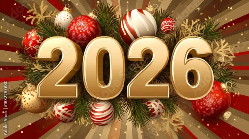 Colorful Holiday Decorations With the Big Number 2026 and Festive Ornaments on a Shimmering Background