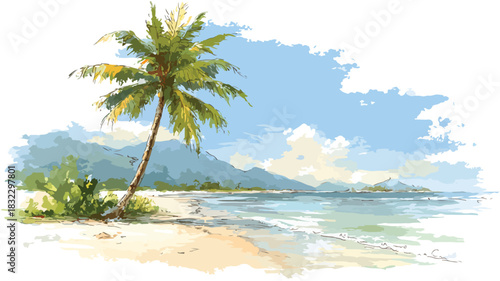 Tropical Beach Scene with Palm Tree Painting for Adobe Stock Photos