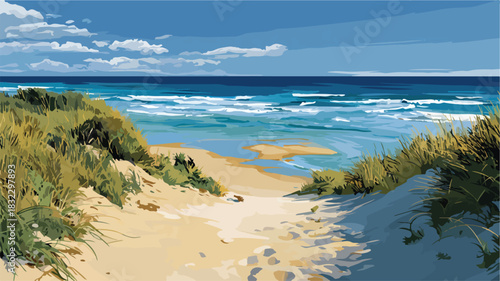 Serene Beach Landscape Painting with Ocean Background