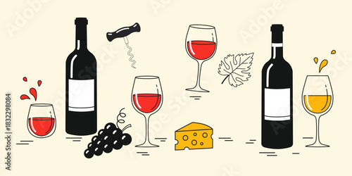 Illustration of wine bottles glasses grapes cheese leaf and corkscrew on a light background