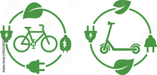 Eco friendly transportation icons with bicycle and scooter