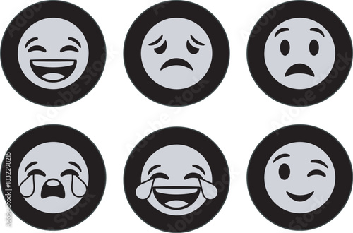 Six distinct black and white expressive emojis: laughing, sad, shocked, crying, joyful, and winking faces representing various human emotions. Vector
