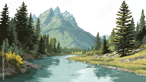Serene Landscape Painting of a River with Majestic Mountains and Lush Trees