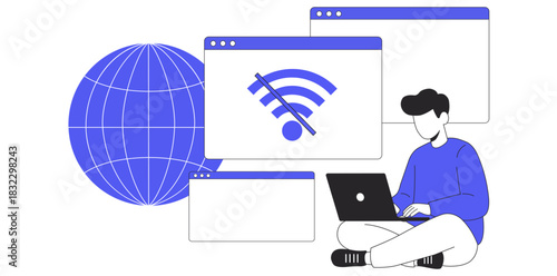 Man using laptop with no wifi connection and globe in the background with multiple windows open