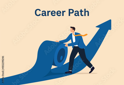 Career path development, effort or motivation to lead to success, business competition, efficiency or productivity, employee performance concept, businessman roll career road to create success path