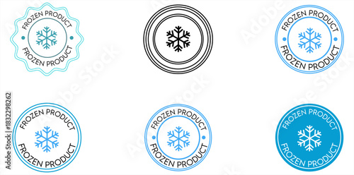 A collection of frozen product labels featuring snowflake icons in various designs and color schemes