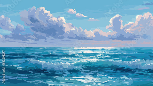 Serene Ocean Painting with Clouds in Background