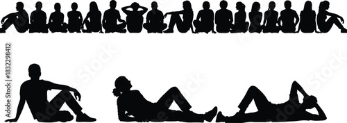 Silhouettes of seated and reclining people in relaxed poses, isolated on white background for design, anatomy, or concept use