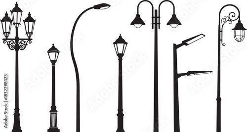 Diverse collection of urban street lamp silhouettes showcasing classic, modern, and led lighting designs for city illumination Vector