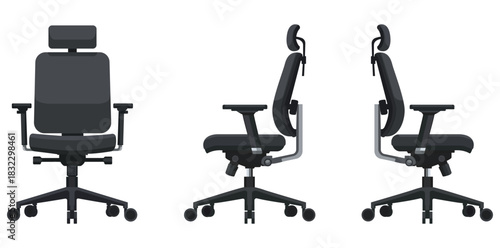 Three views of a black office chair with adjustable headrest and armrests on a white background