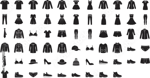 Extensive collection of diverse fashion apparel icons, silhouettes representing various garments and accessories for men and women. Vector