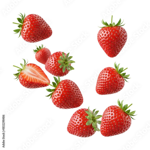 Fresh strawberries falling in motion kitchen food bright isolated on transparent background