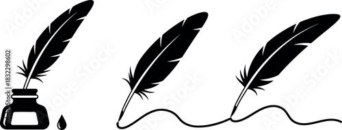 Feather quill pens and inkwell black silhouette set