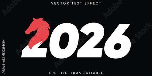 Year of the Horse 2026 Vector Text Effect Chinese Zodiac Symbolism, Brush Stroke Horse Head, Lunar New Year Celebration, and Asian Culture Art