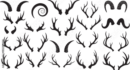 Diverse collection of black animal horns and antlers silhouettes, including deer, ram, and goat-like designs, isolated. Vector