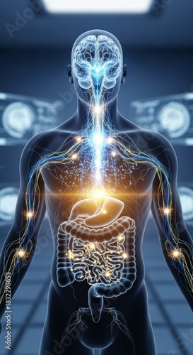 Futuristic 3D medical render connecting human brain digestive system via glowing vagus nerve. Concept gut-brain axis mental health. Ideal medical research probiotic marketing neurology blogs.