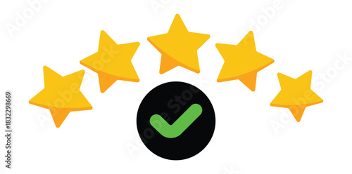 Five yellow stars arranged over a black circle with a green check mark on a white background plain view