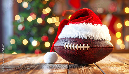 American football with a Santa hat, wooden table, Christmas background. AI