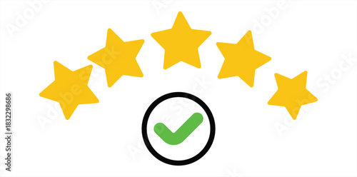 Five yellow stars above a black circle with a green checkmark on a white background illustration