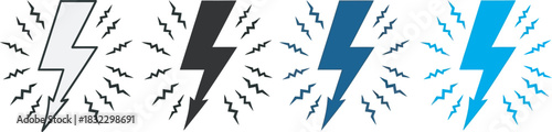 Lightning bolt icon set with dynamic electrical charge effect, power, energy, warning, thunderbolt, and electricity Vector
