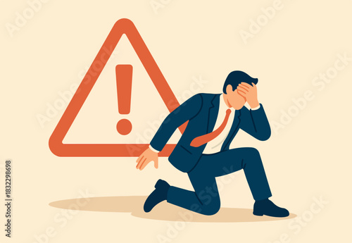 Caution or mistake attention, risk alarm with exclamation point symbol, error or failure warning, bankruptcy notice alert, problem attention concept, frustrated businessman fall under attention sign.