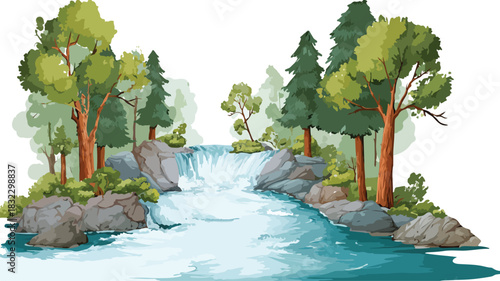 Serene River Waterfall Trees Vector Illustration Nature Landscape