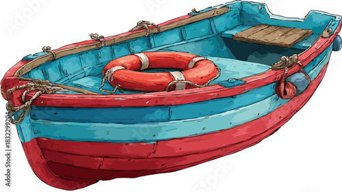 Vibrant Red and Blue Boat with Life Preserver Vector Illustration
