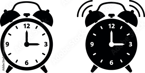Two alarm clocks black and white isolated on transparent background