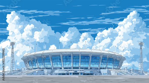 Vibrant Stadium with Beautiful Blue Sky and Clouds Background