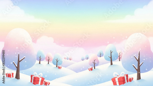 A whimsical winter landscape with snow-covered trees, gift boxes, and a vibrant sky, evoking a sense of joy and festivity.