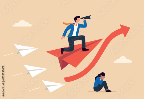 Change career path or difference direction, leadership or individual freedom to choose own way to success, courage to see opportunity concept, businessman flying origami airplane change direction