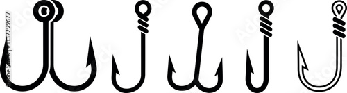 Assortment of fishing hooks in black isolated on transparent background