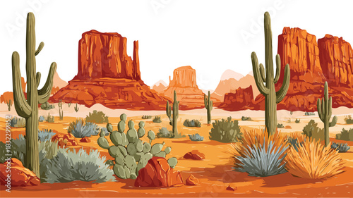 Vibrant Desert Landscape with Cacti and Red Rock Formations Vector Illustration