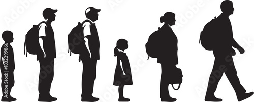 Family silhouette with backpacks walking together adventure vacation trip concept