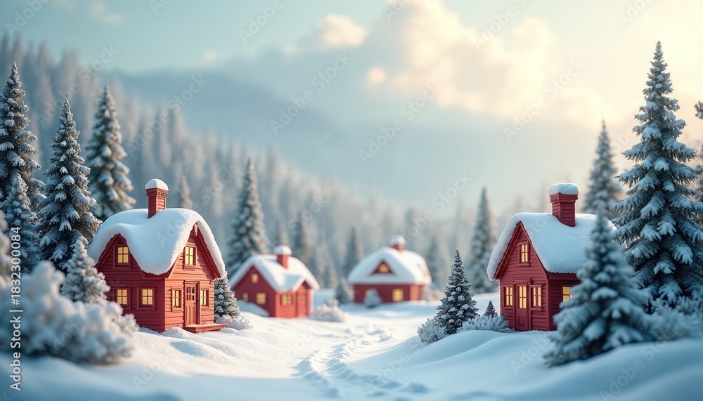 Naklejka premium Illustration of winter village scene with snow covered houses fir trees. Cozy red houses are nestled in snow among the snowy pine forest. Winter wonderland landscape.