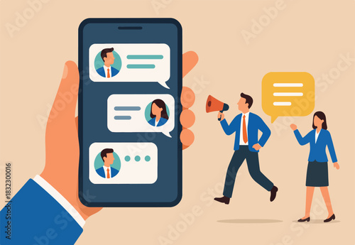 Chat Mobile application for business, teamwork using technology to communicate or collaborate in work concept, businessman and businesswoman communicate with mobile app on big hand holding smart phone
