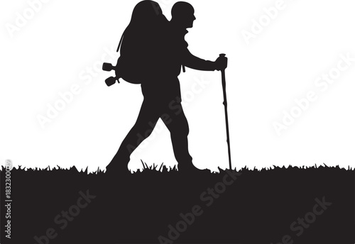 Silhouette of hiker walking with backpack and trekking poles outdoor activity