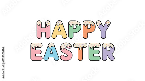 Happy easter text with colorful icing and sprinkles on white background