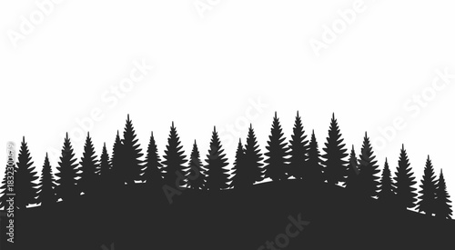 Silhouette of a dense evergreen forest with trees of varying sizes, isolated on white background, perfect for landscape illustrations, nature artwork, vector graphics, outdoor designs, and minimalist 
