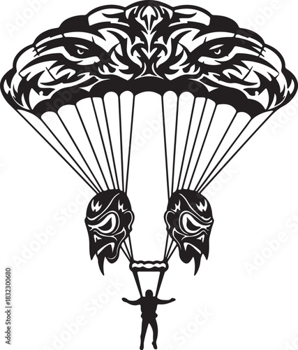 Parachutist with decorative parachute and abstract design pattern vector drawing