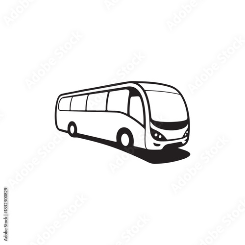 a striking black and white depiction of a large passenger coach vehicle with simple lines silhouette