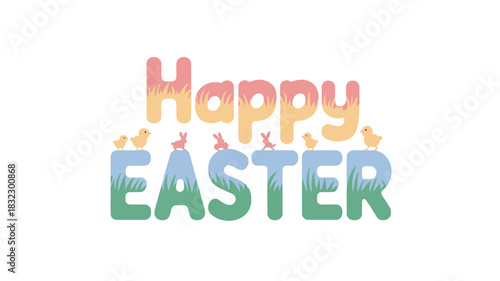 Happy easter greeting with cute chicks and bunnies on grass and sky background