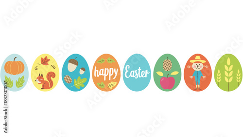 Collection of decorative easter eggs with autumn and spring motifs and happy easter text