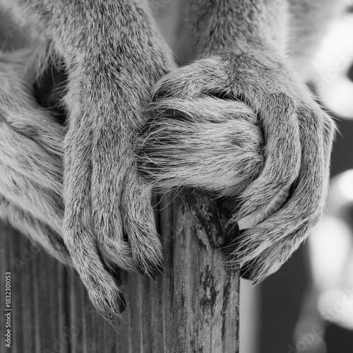 Black and White Image of A Ring-tailed Lemur Hands and Feet
