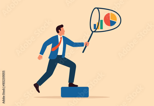 Collect data, statistics or datum diagram, information, research and analysis info, data consolidation, clensing or big data process concept, businessman catch data graph and chart with butterfly net