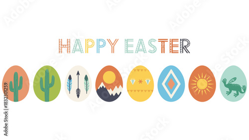 Happy easter greeting with stylized eggs featuring desert plants mountains sun and animals in a boho style