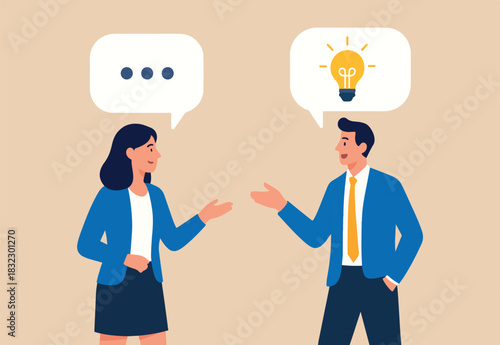 Communicate idea in business discussion, effective communication to brainstorm and come up with solution or result concept, businessman and woman coworker talking speech bubble with lightbulb idea