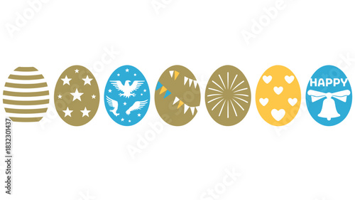 Collection of seven decorative easter eggs with various patterns and symbols on a white background