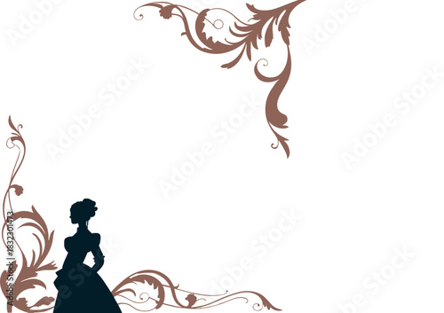Silhouette of a Victorian-era female professional with sophisticated ornate flourishes, ideal for decorative vector artwork, historical illustrations, vintage designs, retro projects, and elegant clas