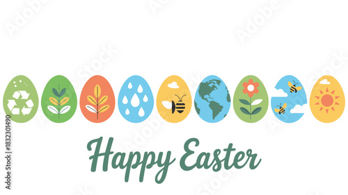 Happy easter greeting with colorful decorated eggs featuring nature and environmental symbols